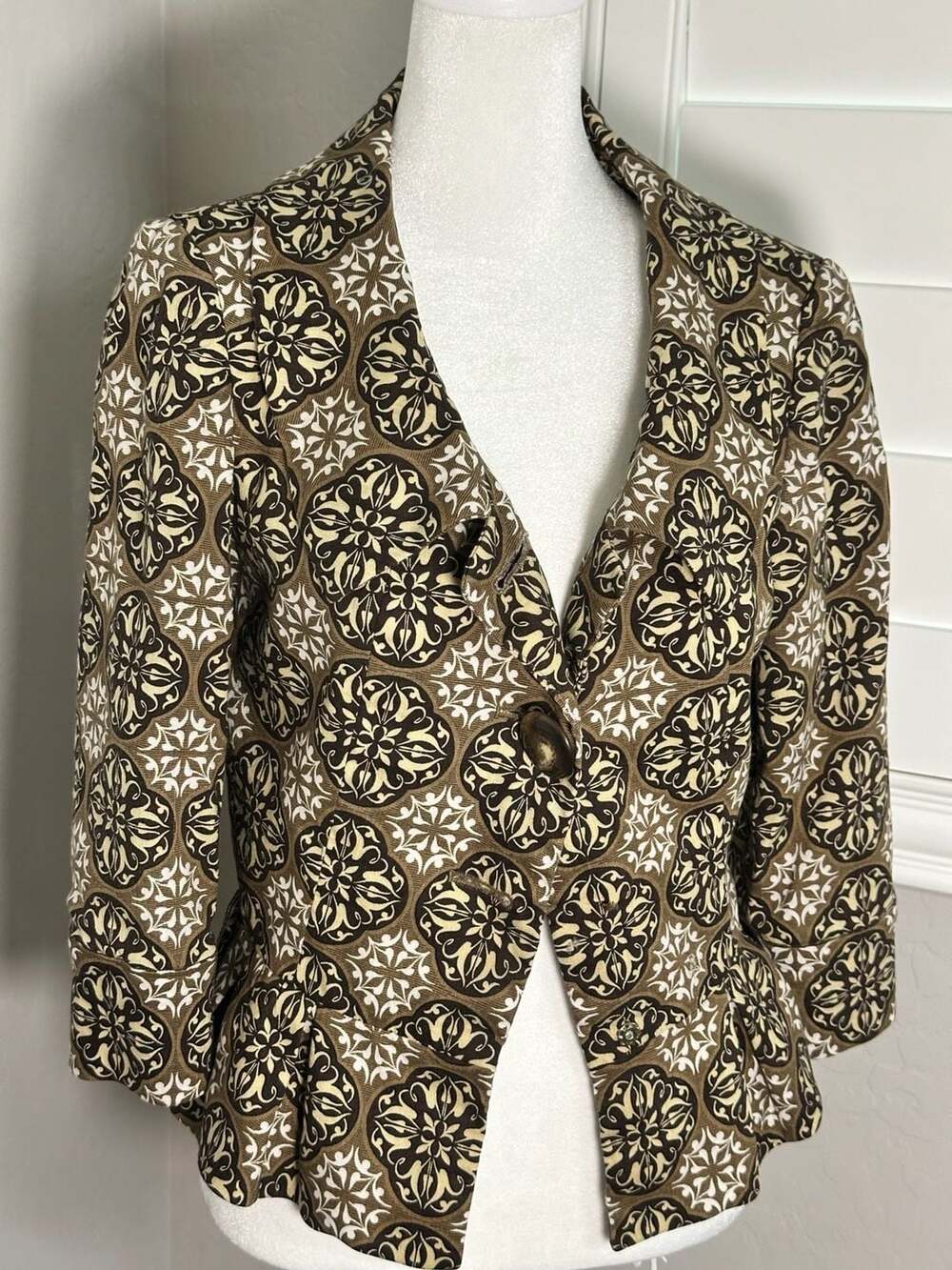 Etcetera Brown Cream Geometric Damask Print Blazer Jacket Size 2